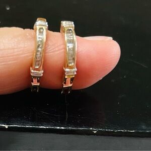 Diamond, 14k gold ear hugging earrings.  White gold accent bars.